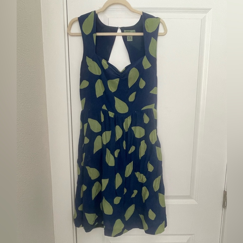 Anthropologie, Maple.  Blue, Yellow/Green leaf-print silk dress- US 10